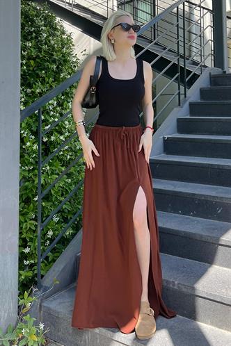 Kahverengi Beli Lastikli Yırtmaçlı Uzun Kadın Etek MG2062