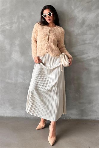 Ekru Pileli Kadın Etek MG2318