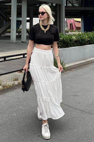 Beyaz Basic Uzun Pileli Kadın Etek MG2071