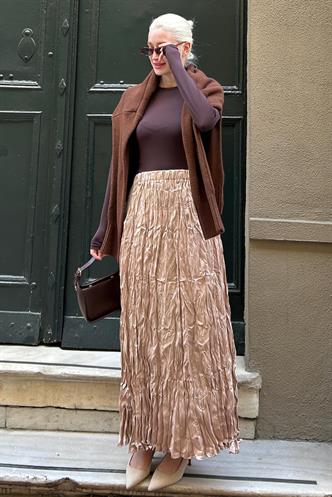 Parlak Bej  Kırışık Desen Kadın Etek MG2290