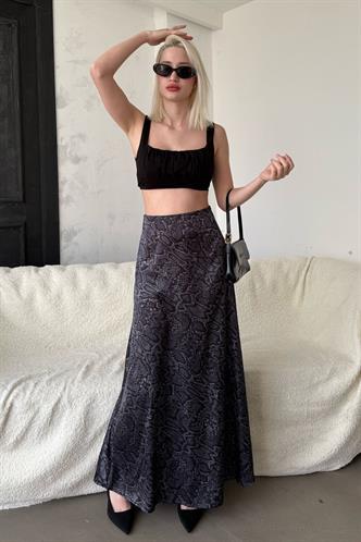 Siyah Desenli Saten Kadın Uzun Etek Mg2333