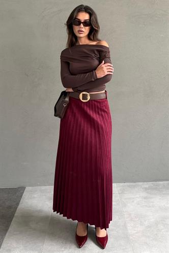 Bordo Pileli Kemerli Uzun Süet Kadın Etek MG2576