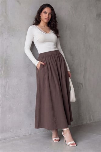 Kahverengi Beli Lastikli Midi Boy Kadın Etek MG2616