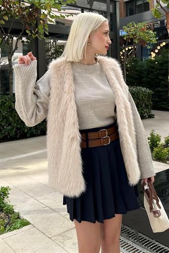 Lacivert Pileli İki Kemerli Kadın Etek MG2246