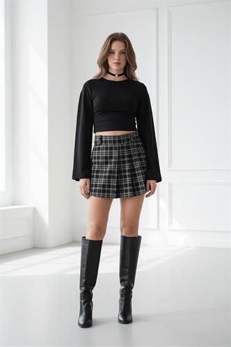 Siyah %100Pamuklu Ekose Desen Pileli Mini Şort Etek MG2629