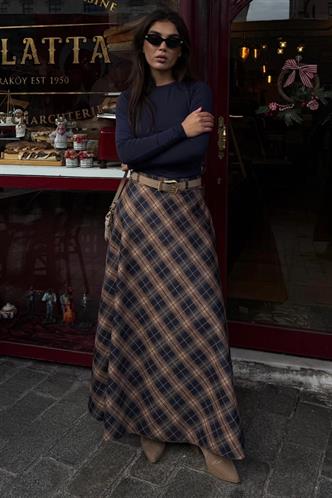 Lacivert Ekose Desen Kemerli Uzun Etek MG2635