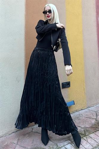 Parlak Siyah Kırışık Desen Kadın Etek MG2290