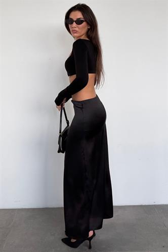 Siyah Saten Midi Boy Şık Kadın Etek MG2637