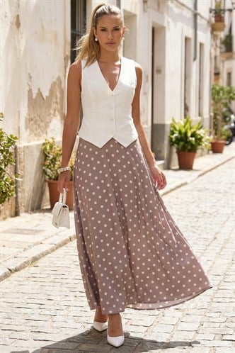 Bej Puantiyeli Maxi Kadın Saten Etek MG2725