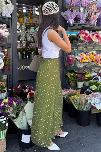 Haki Minimal Puantiye Desen Şifon Astarlı Etek MG2821
