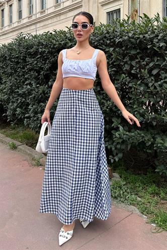 Lacivert Pötikareli Midi Boy Kadın Etek Mg2360