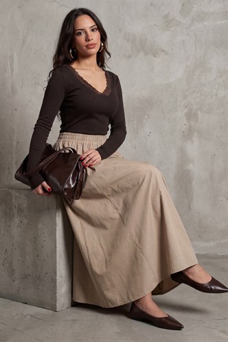 Haki Beli Lastikli Midi Boy Kadın Etek MG2616