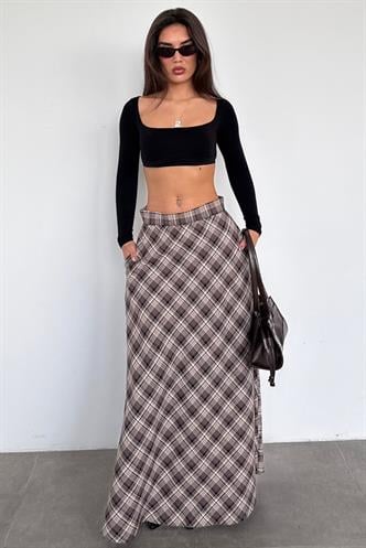 Kahverengi Ekose Desen Uzun Boy Etek MG2648