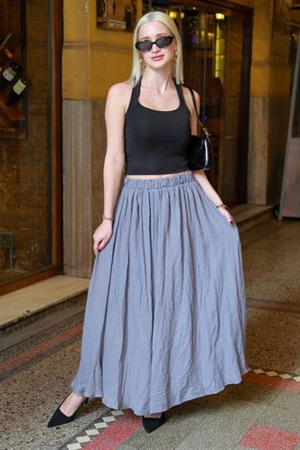 Gri Vual Kumaş Basic Kadın Uzun Boy Kadın Etek Mg2366