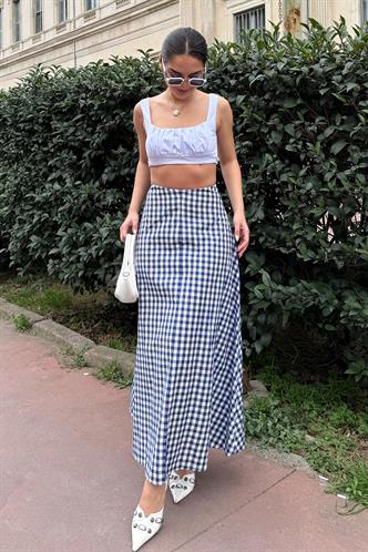 Lacivert Pötikareli Midi Boy Kadın Etek Mg2360