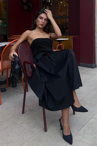 Siyah Pileli Cepli Kadın Midi Boy Etek Mg2536