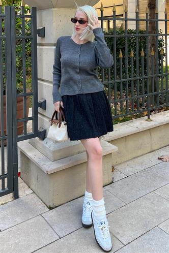 Siyah Ekose Desen Kadın Pileli Etek MG2248