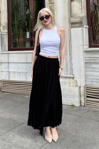 Siyah Vual Kumaş Basic Kadın Uzun Boy Kadın Etek Mg2366
