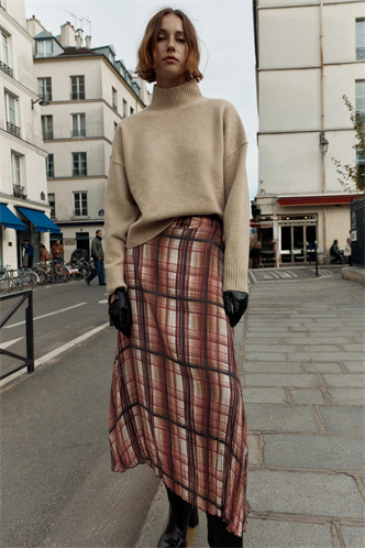 Kahverengi Kareli Şifon Kadın Etek MG2678