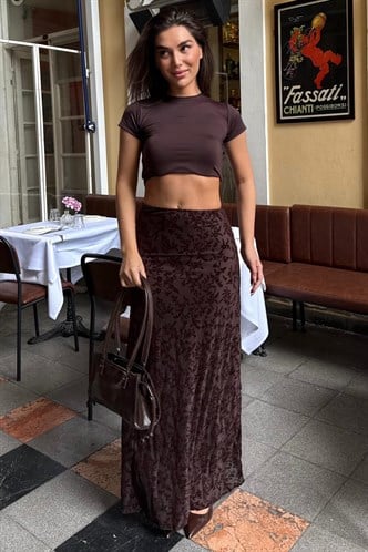 Kahverengi Flok Baskılı Tül Etek MG2711