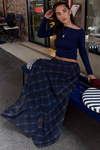 Lacivert Ekose Desenli Vintage Şifon Maxi Etek MG2776