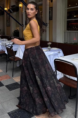 Siyah Çiçek Desenli Vintage Şifon Maxi Etek MG2776