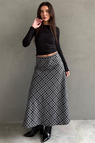Siyah Ekose Desenli Midi Boy Kadın Etek MG2649