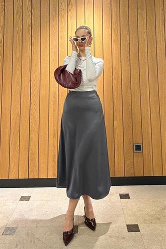 Antrasit  Midi Boy Kadın Saten Etek MG1409