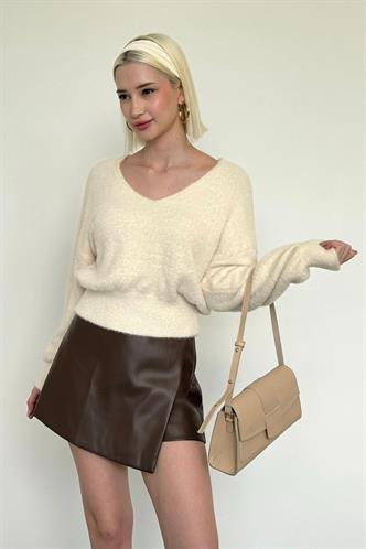 Kahverengi Deri Mini Şort Etek Mg2550