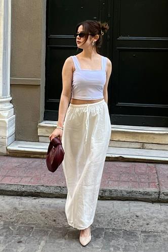 Beyaz Beli Lastikli Uzun Kadın Etek MG1979