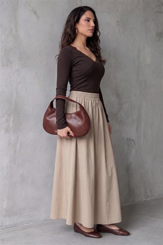 Haki Beli Lastikli Midi Boy Kadın Etek MG2616