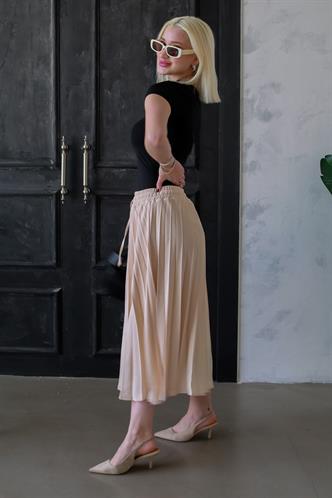 Bej Pileli Midi Boy Kadın Etek Mg2393