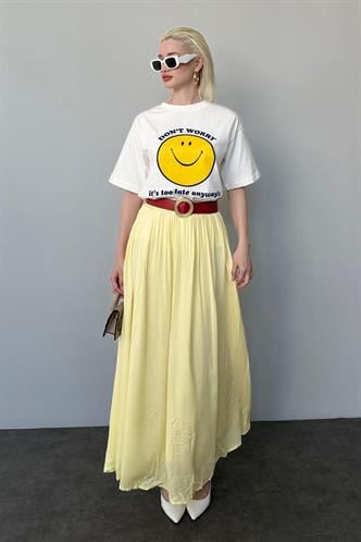Sarı Vual Kumaş Basic Kadın Uzun Boy Kadın Etek Mg2366