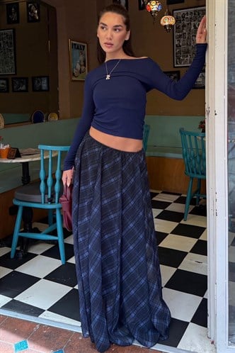 Lacivert Ekose Desenli Vintage Şifon Maxi Etek MG2776