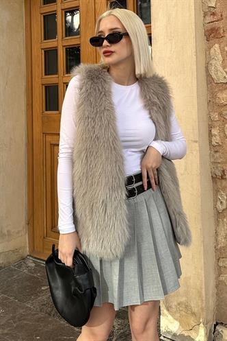 Gri Pileli İki Kemerli Kadın Etek MG2246