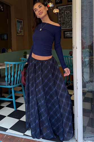 Lacivert Ekose Desenli Vintage Şifon Maxi Etek MG2776