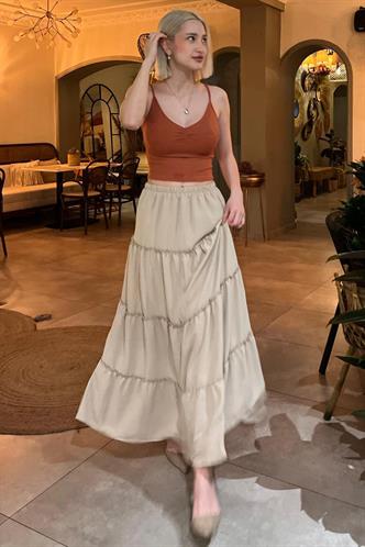 Bej Basic Pileli Kadın Uzun Etek