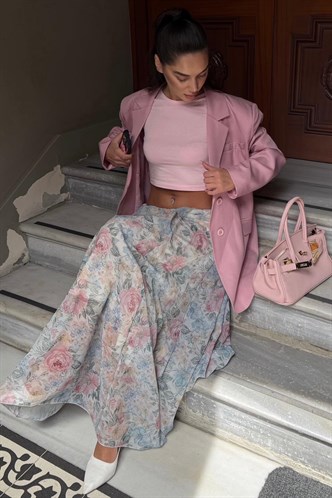 Ekru Çiçek Desenli Vintage Şifon Maxi Etek MG2776