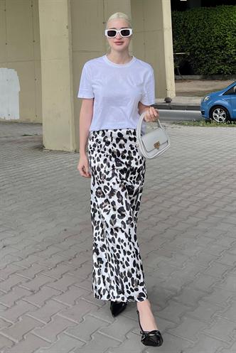 Beyaz Leopar Desenli Midi Boy Saten Etek MG2079