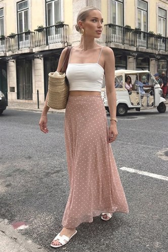 Bej Minimal Puantiye Desen Şifon Astarlı Etek MG2821