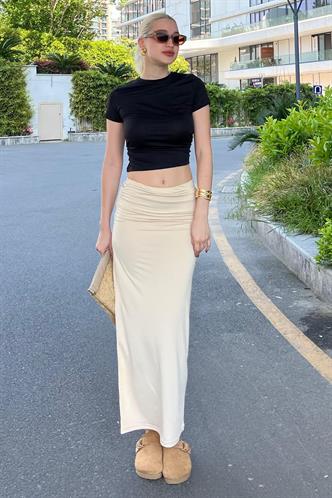 Bej Yandan Büzgülü Maxi Etek MG2085
