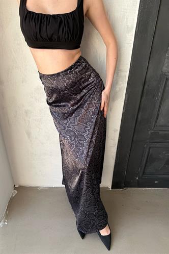 Siyah Desenli Saten Kadın Uzun Etek Mg2333