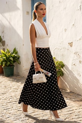 Siyah Puantiyeli Maxi Kadın Saten Etek MG2725