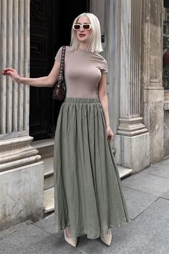 Yeşil Vual Kumaş Basic Kadın Uzun Boy Kadın Etek Mg2366