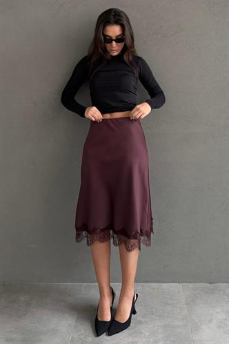Kahverengi Dantel Detaylı Midi Boy Saten Etek MG2673 