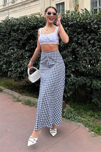 Lacivert Pötikareli Midi Boy Kadın Etek Mg2360