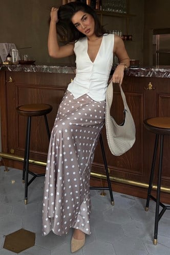 Bej Puantiyeli Maxi Kadın Saten Etek MG2725