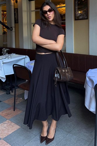 Kahve/Siyah Kare Desenli Midi Kadın Etek MG2617