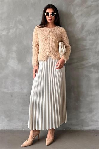 Ekru Pileli Kadın Etek MG2318