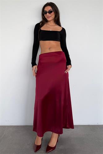 Bordo Saten Midi Boy Şık Kadın Etek MG2637